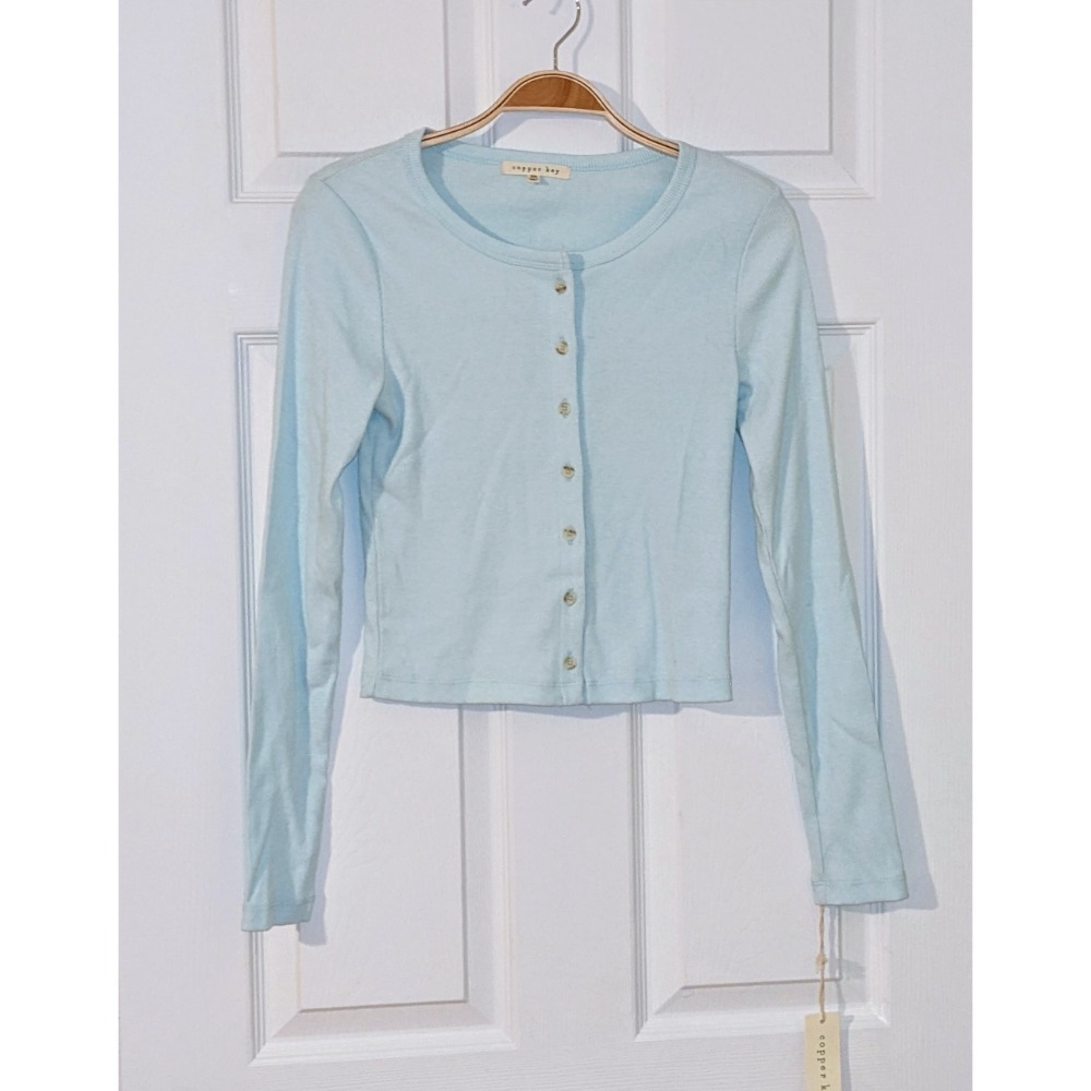 Copper Key Ribbed Knit‎ Button Front Long Sleeve Top Cropped Light Blue XS NWT